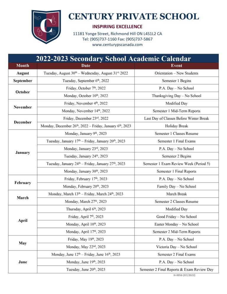 School Calendar – Century Private School